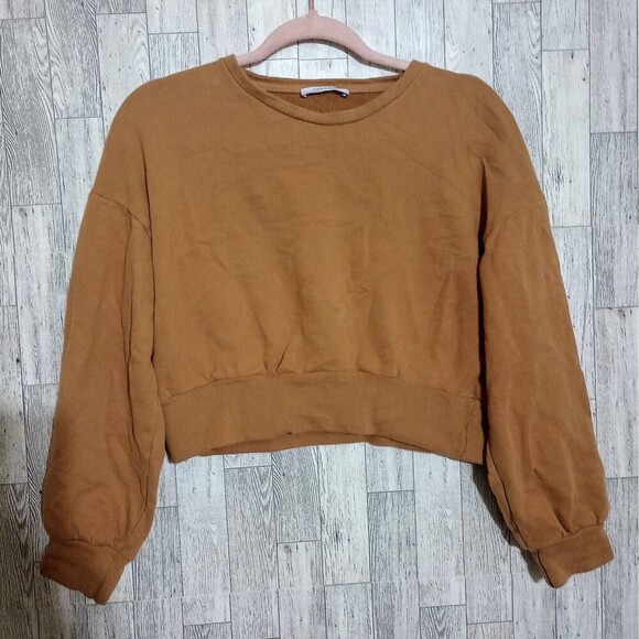 Zara Cropped Sweatshirt Pullover Crewneck Elastic Hem Camel Tan/Brown Size Small - Picture 1 of 3
